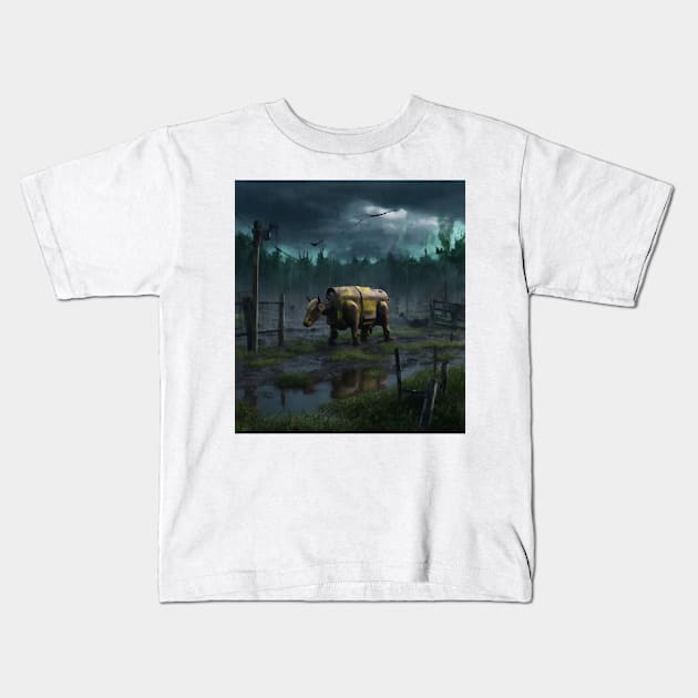 AI generated robotic cow on farm Kids T-Shirt by Catbrat